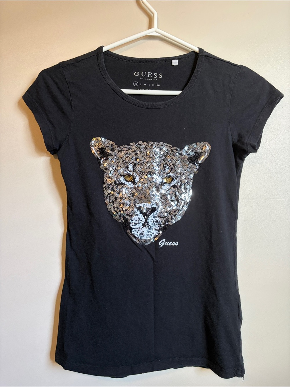 Guess Black Tee with Silver Sequin Leopard